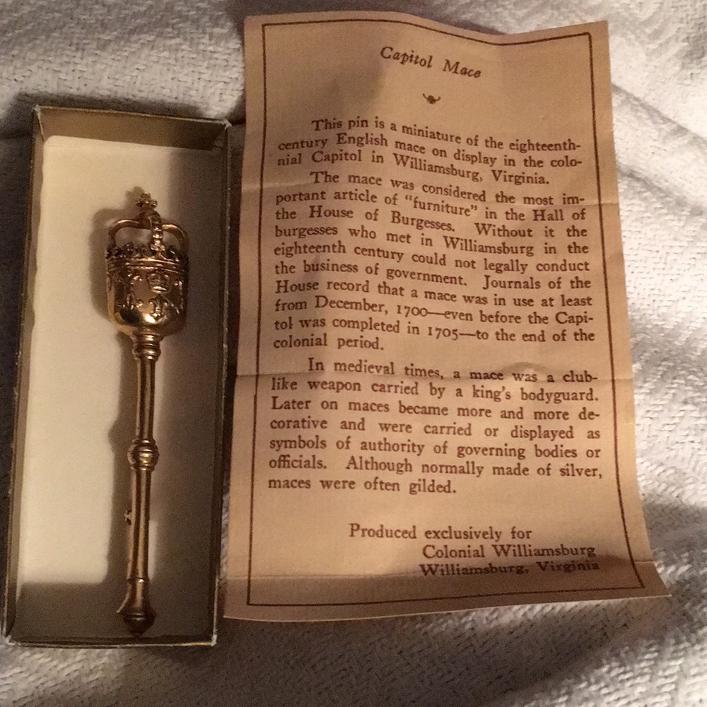 Mace City Of Williamsburg Virginia Colonial Pin Replica, Vintage, used